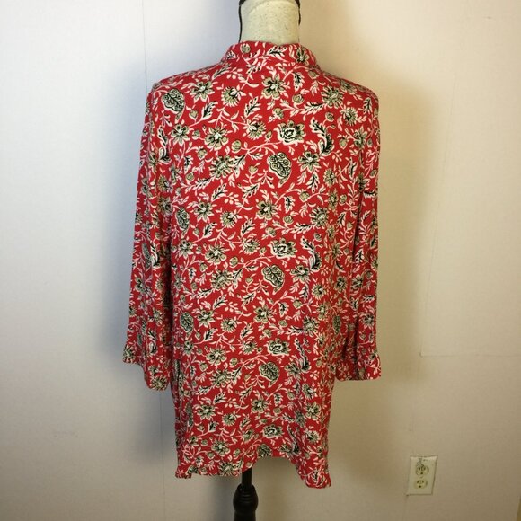 J. Jill Button-up Tunic Shirt Sz L Womans Tall Red Floral Asymmetrical Hem Rayon - Picture 3 of 14